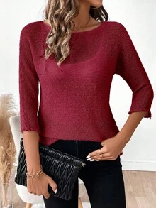 EMERY ROSE Áo len nữ trơn màu, cổ tròn, tay lỡ 3/4, dáng rộng, phong cách thường ngày. - Màu Đỏ Sâu - Xem 3