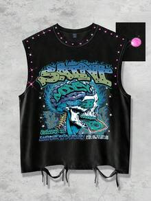 ROMWE MEN Street Life Skull Rhinestone Design Crew Neck Sleeveless Top, Summer Men's Tank - Black - View 1