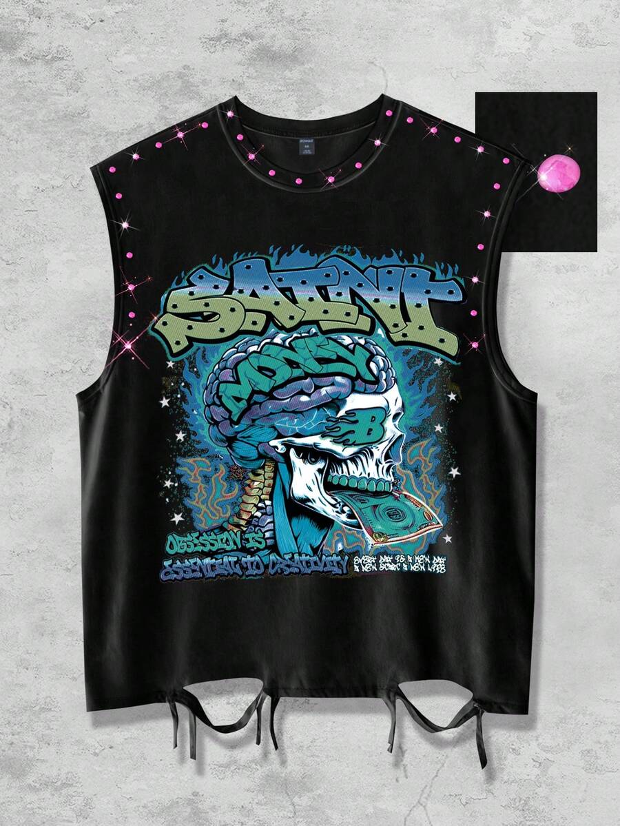 ROMWE MEN Street Life Skull Rhinestone Design Crew Neck Sleeveless Top, Summer Men's Tank - Black - View 1