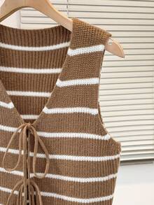 Resyla 女式休闲条纹系带针织毛衣背心 - 卡其色 - 查看 4