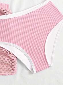 SHEIN 3件套女童比基尼套装，特殊面料，夏季沙滩泳装 - 粉色 - 查看 6