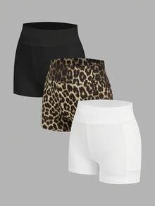 SHEIN EZwear 3件套女士夏季休闲通勤运动度假风高腰骑行短裤，黑色、白色、豹纹印花 - 彩色 - 查看 15