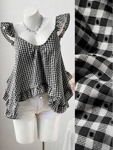 Sweetra Summer New Pink Plaid Asymmetrical Ruffle Design Fashionable Sleeveless Camisole - Black - View 1