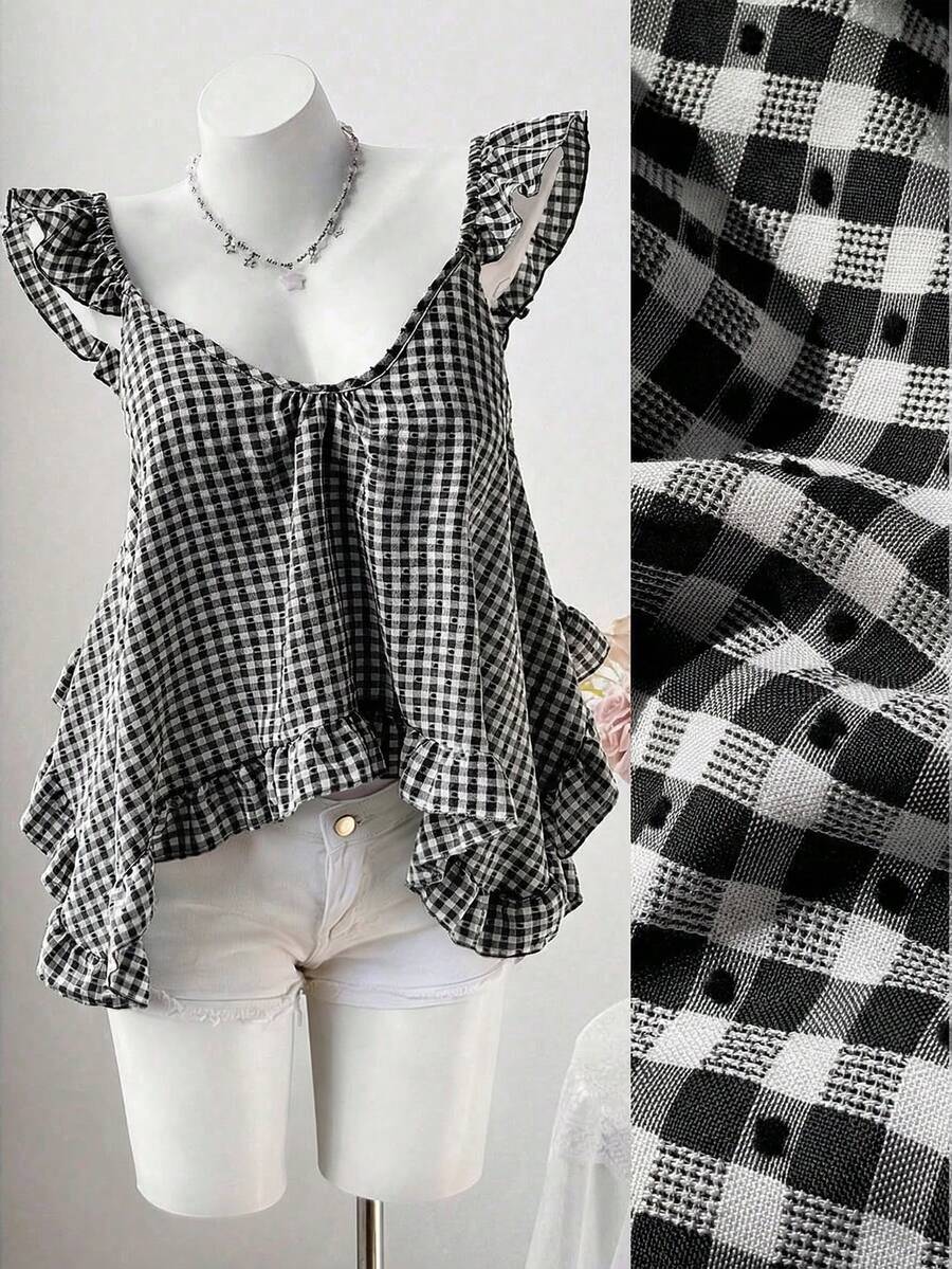 Sweetra Summer New Pink Plaid Asymmetrical Ruffle Design Fashionable Sleeveless Camisole - Black - View 1