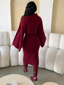 Dayanna Comas 2 件套女式休闲针织毛衣上衣和长裙套装，宽松高领长袖短款上衣和裙子，秋冬 - 紅色 - 查看 2