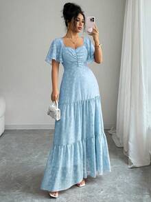 Modelyn Đầm chiffon jacquard cổ vuông, viền bèo nhún dành cho nữ, kiểu dáng lãng mạn và thanh lịch. - Màu xanh lam - Xem 5