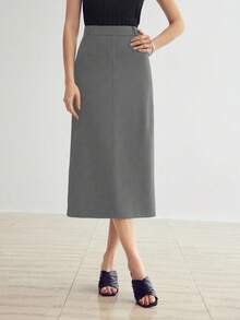 MOTF PREMIUM 纯色开衩后摆系带半身裙 - 灰色 - 查看 7