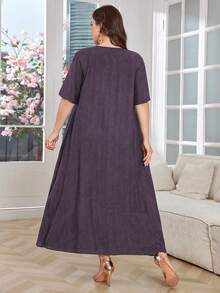 Lacomfia Đầm nữ cỡ lớn màu vàng hồng cài cúc túi, dáng rộng, tay ngắn, kiểu dáng thường ngày. - Màu tím - Xem 2