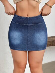 Flexra 女士弹力腰针织牛仔紧身迷你裙 - 藍色 - 查看 6