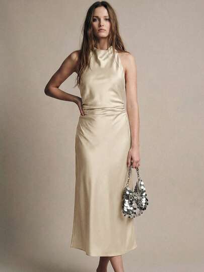 Maija Women's Solid Color Ruched Collar Sleeveless Dress, Elegant Business Casual Dress For Women, Vintage Style Women Elegant Outfits Womens Formal Dress Occasion Dresses For Women New In Dresses Cocktail Dress