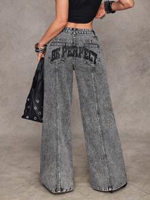 Jeanoix Y2K 时尚低腰破洞毛边印花水洗阔腿牛仔裤 - 淺灰色 - 查看 1