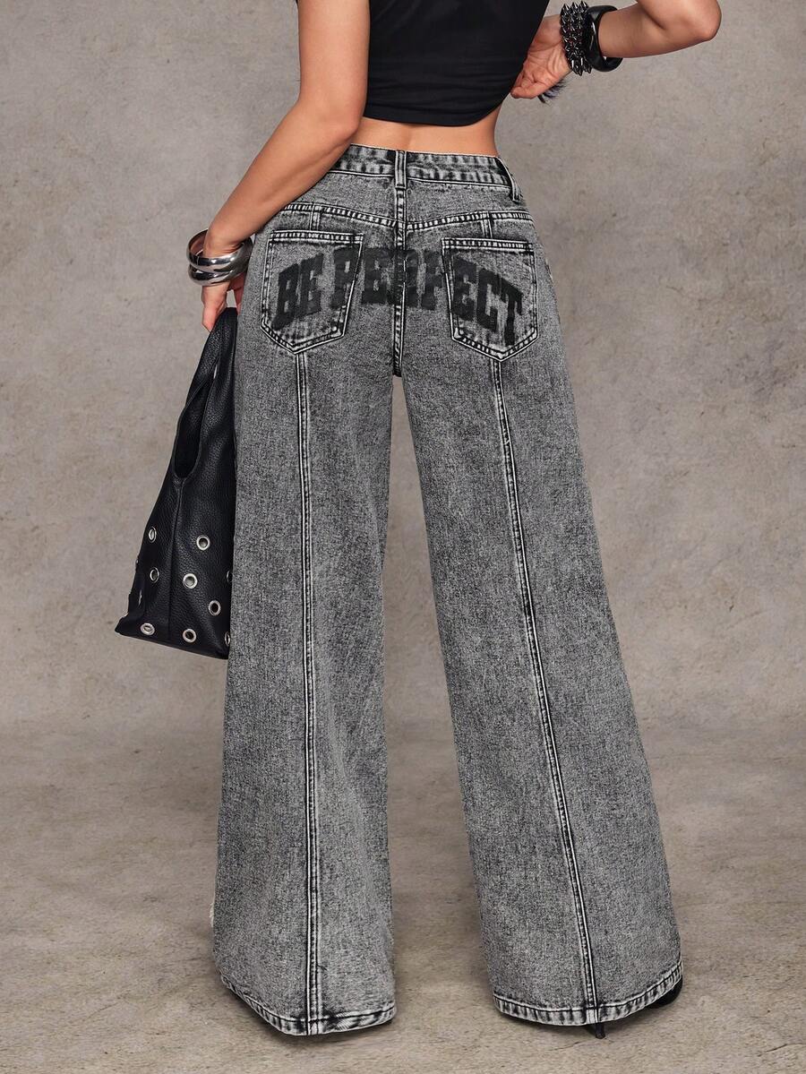Jeanoix Y2K 时尚低腰破洞毛边印花水洗阔腿牛仔裤 - 淺灰色 - 查看 1