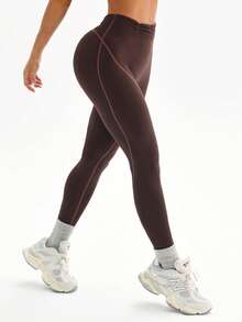 Easithlete Easithlete 1件装女士无缝郁金香腰撞色条纹跑步健身瑜伽打底七分紧身裤 - 咖啡棕 - 查看 6