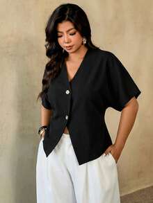 Auralis Plus Size Summer Casual Solid Color Batwing Sleeve Shirt - Black - View 4