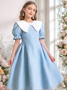 SHEIN Modisches, elegantes Kontrastfarben-Kragen-Kurzarmkleid für Tween-Mädchen - Babyblau - Übersicht 2