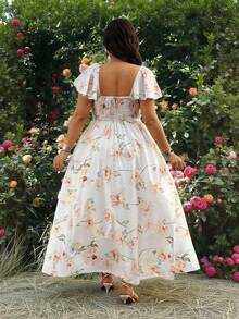 Ceyna Plus Size White Summer Boho Bachelorette Party Tea Party Holiday Floral Print Maxi Dress,Women's Woven Ruffle Collar Square Neck Cinched Waist Dress - Apricot - View 2
