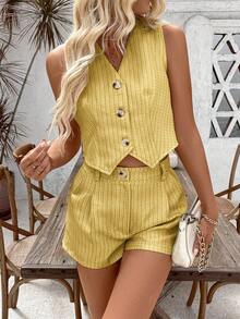EMERY ROSE Women's Plaid Single-Breasted Vest And Shorts 2 Pieces Set,Yellow Summer Casual Vacation Two Piece Suits For Ladies - Yellow - View 6
