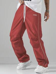 Manfinity Hypemode Men's Long Dark Red Sporty Wide Leg Woven Fabric Pants With Lettering Detail And Pockets - Dark Red - View 6