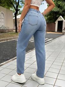 SHEIN PETITE PETITE Women's Summer Casual High Waist Ripped Straight Leg Jeans Light Blue Distressed Frayed Edge Baggy Denim Pants With Pockets Perfect For Streetwear & Daily Outfits Women's Casual Slim Tapered 7/8 Length Denim Jeans, Blue Low Rise Baggy Jeans,Bootcut Women Jeans,Petite Women Jeans - Blue - View 3
