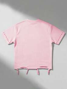 ROMWE MEN 2026 Summer New Printed T-Shirt, Casual Fashion Rhinestone Embellished Short Sleeve T-Shirt, Unisex Couple Tee - Pink - View 2