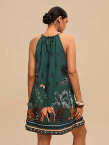 Travachic Plus Size Women Tropical Plant Print Casual Halter Neck Dress - Multicolor - View 2