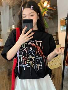 DAZY Women's Bow Print Round Neck Short Sleeve Casual T-Shirt - Black - View 7