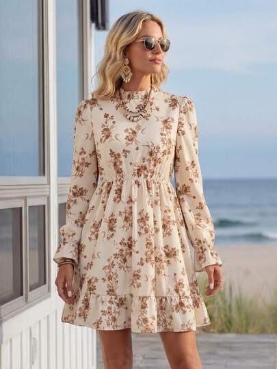 EMERY ROSE Rochie casual cu mânecă lungă și imprimeu integral pentru femei