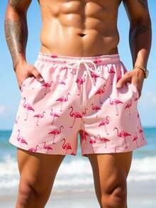 Manfinity KASUA Men's Flamingo All-Over Print Loose Drawstring Waist Summer Beach Shorts, Holiday - Coral Pink - View 4