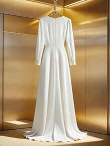 Franclia Váy xòe tay bồng cổ thuyền dệt cỡ lớn, eo bó, thu/đông - trắng - Xem 2