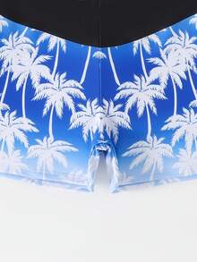 Fantacosmos Tween Boys 2-Piece Swimwear Set, Cool Surfing Style, Black Main Body, Raglan Sleeve Design, White "SURF" Letter Print On Front, Gradient Blue & White Palm Tree Print On Side And Sleeve, Gradient Blue & White Palm Tree All-Over Print Bottoms, Knitted Digital Printing, Fashionable, Casual, Suitable For Swimming, Summer Vacation, Beach, Pool Party - Multicolor - View 5