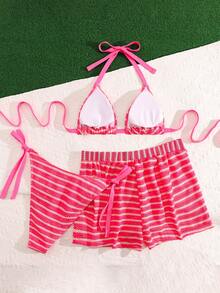 SHEIN Swim Curve 大码女士三件套泳衣，条纹挂脖文胸背心式上衣配短裤，性感沙滩度假泳装 - 粉色 - 查看 2