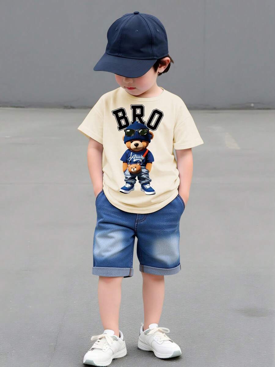 SHEIN Genkimix Kids 2件套男童休闲牛仔熊刺绣短袖T恤和短裤套装,适合日常休闲、运动、上学、户外活动、夏季穿着 - 杏色 - 查看 1