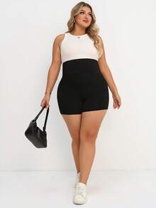 Plussiva Plus Size Maternity Summer Casual Commuter High Waist Patchwork Sheer Mesh Skinny Shorts - Black - View 5
