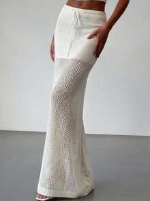 INAWLY Women's Vacation Knit Hollow-Out Mini Skirt - Beige - View 6