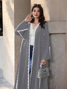 Yasmyna Áo choàng Abaya tay dài dáng rộng, phối ren, dành cho nữ - Màu Xám nhạt - Xem 4