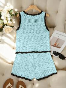 SHEIN Franclia 新款简约夏日度假风优雅镂空波浪领性感吊带修身连衣裙，撞色针织背心无袖毛衣两件套，春夏款 - 淺藍色 - 查看 2