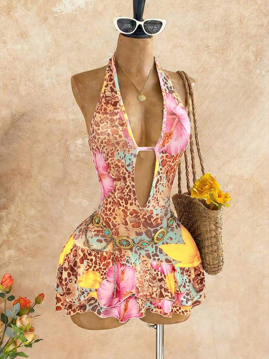 Mistrie 夏季新款性感度假豹纹碎花吊带V领修身沙滩假日迷你连衣裙（女款） - 彩色 - 查看 1