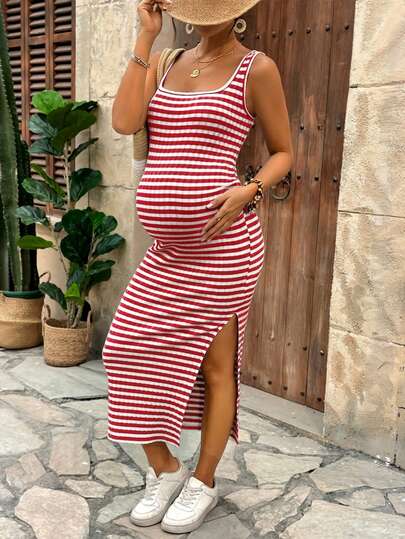 SHEIN Women's Casual Maternity Spaghetti Strap Midi Dress