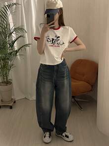 DAZY 女士撞色滚边圆领短袖可爱兔子印花T恤 - 白色 - 查看 9