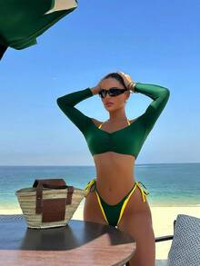 Swim SXY 女士新款黑白爆款三件套泳衣，时尚性感沙滩度假休闲三件套泳装 - 綠色 - 查看 6