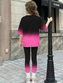 SHEIN Young Girl Cartoon Print Round Neck Short Sleeve T-Shirt And Pants Casual Daily Outfit - Multicolor - View 2