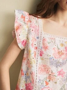 Écloséra Women's Spring/Summer Cap Sleeve Jacquard Hollow-Out Jacquard Shirt With Ruffle Trim - Multicolor - View 2