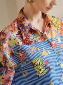 Anewsta Romantic Vacation Style Blue & White Striped Oil Painting Print Embellished Handmade Beaded & Sequin Floral Women Blouse - Blue - View 1