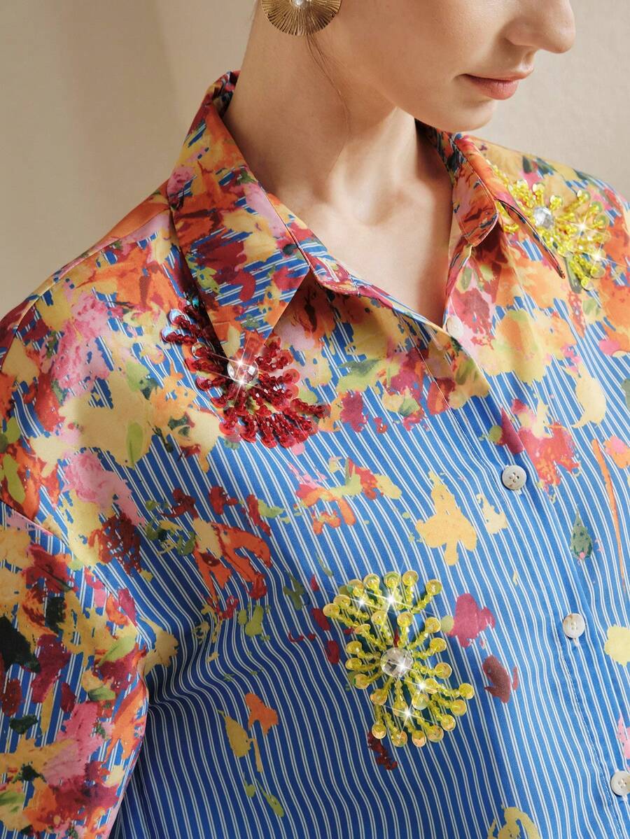 Anewsta Romantic Vacation Style Blue & White Striped Oil Painting Print Embellished Handmade Beaded & Sequin Floral Women Blouse - Blue - View 1