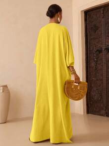 Vesra Women's Solid Color Batwing Sleeve Casual Dress - Yellow - View 2