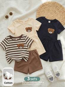 Cozy Pixies Bộ 6 món cho bé trai gồm áo tay ngắn cổ tròn in hình gấu hoạt hình và quần short cạp chun. - Nhiều màu - Xem 7