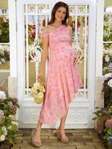 SHEIN Comfortable All-Over Print Asymmetric Neckline Ruffle Hem Maternity Dress - Pink - View 1