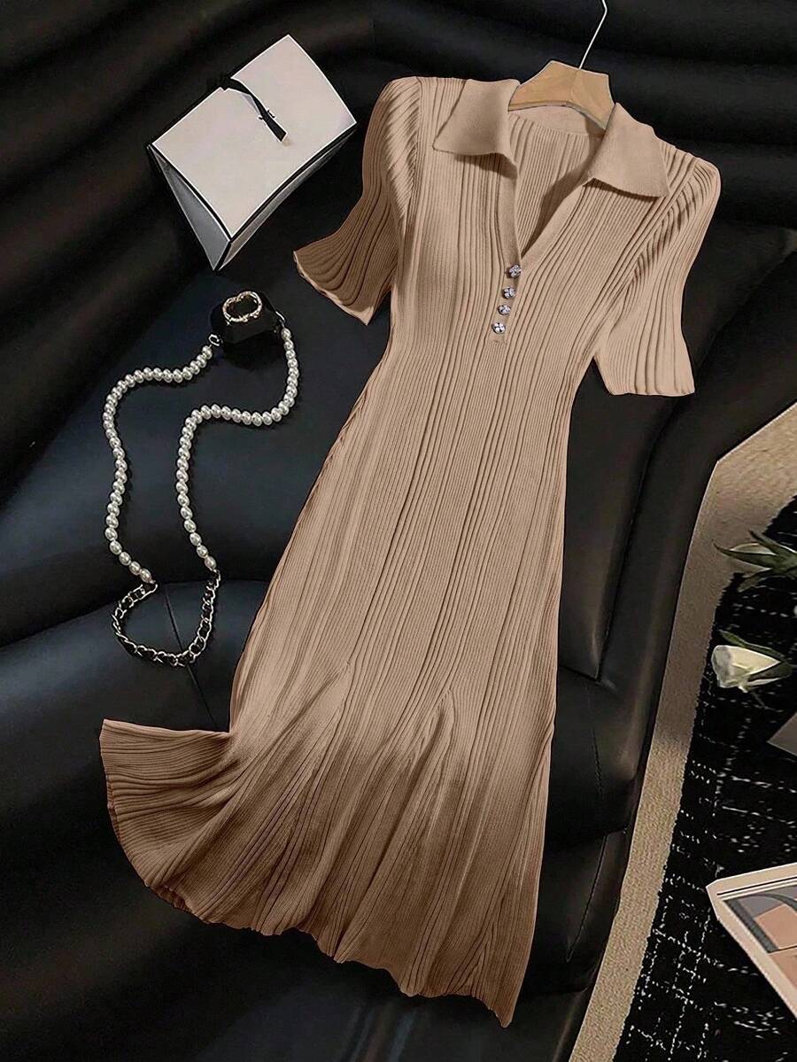 Franclia Women's Solid Color Short Sleeve Knit Dress Women Dress Pin For Dress Latest Dress High Quality Dress Work Dresses For Women Office Dresses For Ladies Casual Dress For Women Women's Dress Formal Wear Elegant Classy Dress Polo Dress For Women - Khaki - View 1
