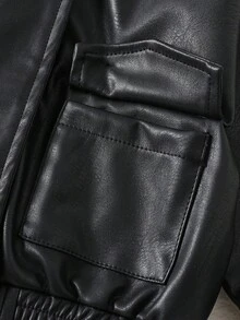 Genkimix Kids 年轻女孩宽松休闲夹克，时尚街头风格仿皮大衣 - 黑色 - 查看 3