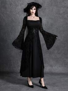 Glisette Retro Dark-Toned Flocked Mesh Flare Sleeve Fitted Mid-Length Dress For Women - Black - View 4